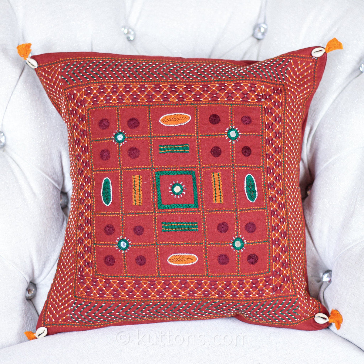 Tribal Lambani Hand Embroidered Cushion Cover With Kodi Sea Shell Tassels Banjara Decorative Throw Pillow Carmine 16x16