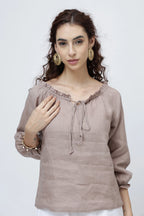 Signature Linen Tie Neck Top Soft Ruffle Collar Sleeves