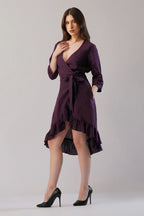 Elara Wrap Linen Dress Asymmetric Hem Ruffle Detail European Linen