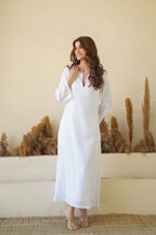 Linen Kaftan Dress Breezy White Pure Elegance Flowy Kaftan Maxi Dress with Full Sleeves Cotton Lining