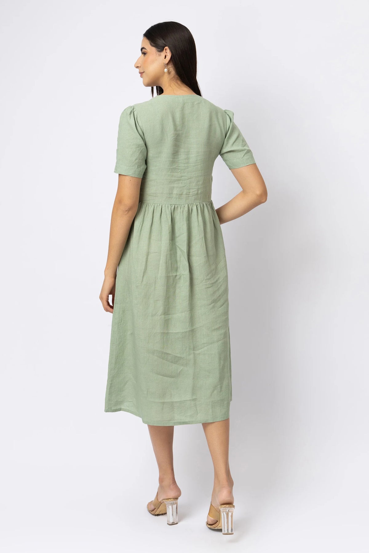 Linen Button Front Midi Dress with Pockets