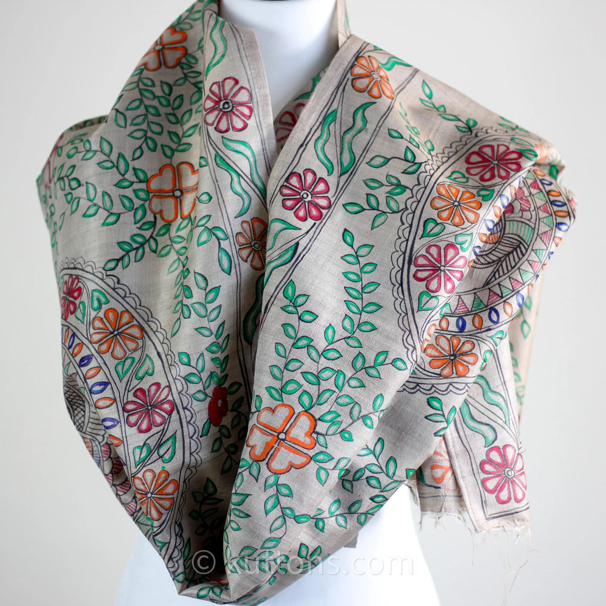 Ethnic Hand Painted Madhubani Stole Khincha Silk Handloom Wrap Golden 22x80
